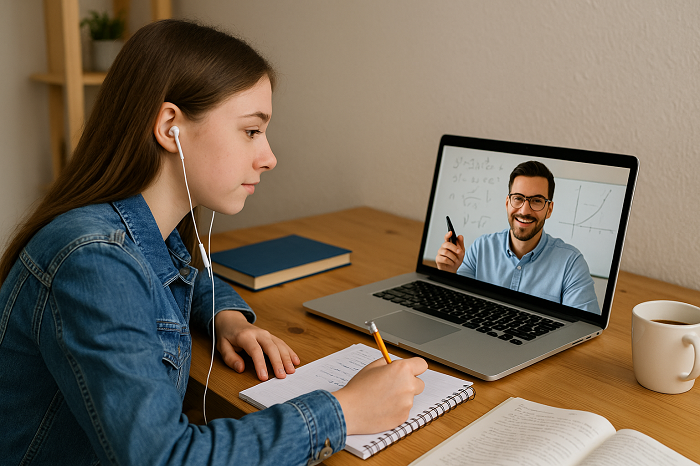 UK online tutoring student learning GCSE with expert tutor on laptop