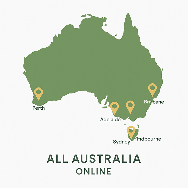 Australia map with pins – Sydney, Melbourne, Brisbane, Perth, Adelaide, Canberra; All Australia Online