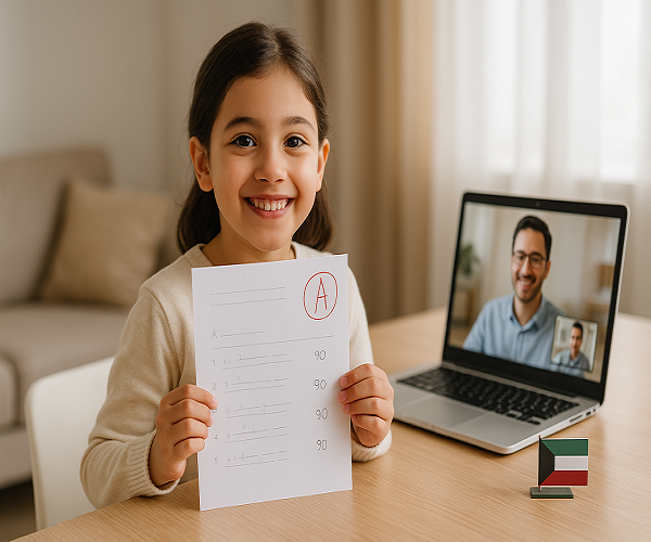 miling Kuwait student shows improved marks beside laptop after online tutoring