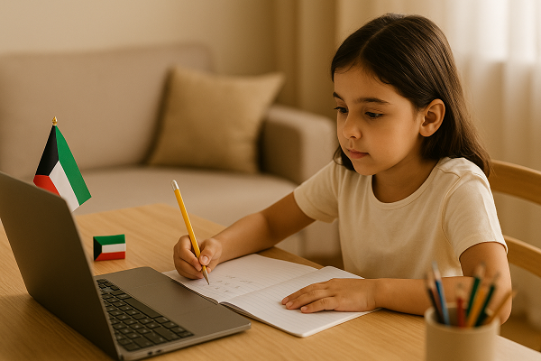 Kuwait child in a 1-to-1 online maths lesson on Zoom with a friendly tutor, Grades 1–8