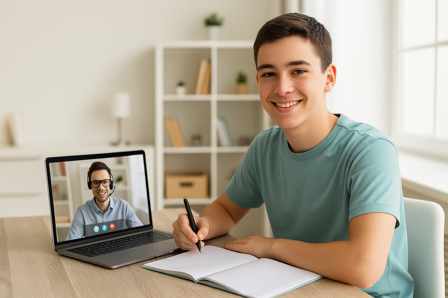 Online tutoring in Kuwait with student learning 1-to-1 on Zoom at home desk.