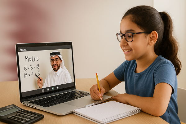 Child learning maths on Zoom with a tutor in Qatar; pastel background with subtle Qatar flag tint; left side empty for heading.