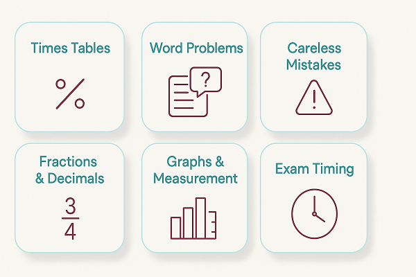 Common maths problems and fixes for Grades 1–8 in Qatar shown as 6 rounded cards (times tables, word problems, careless mistakes, fractions & decimals, graphs & measurement, exam timing).