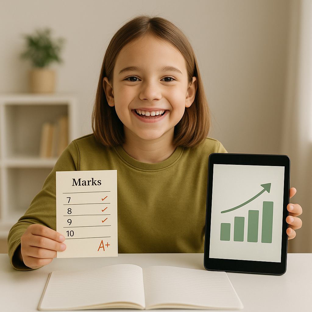 Happy primary student after online maths tutoring in Australia — improved results, confidence.