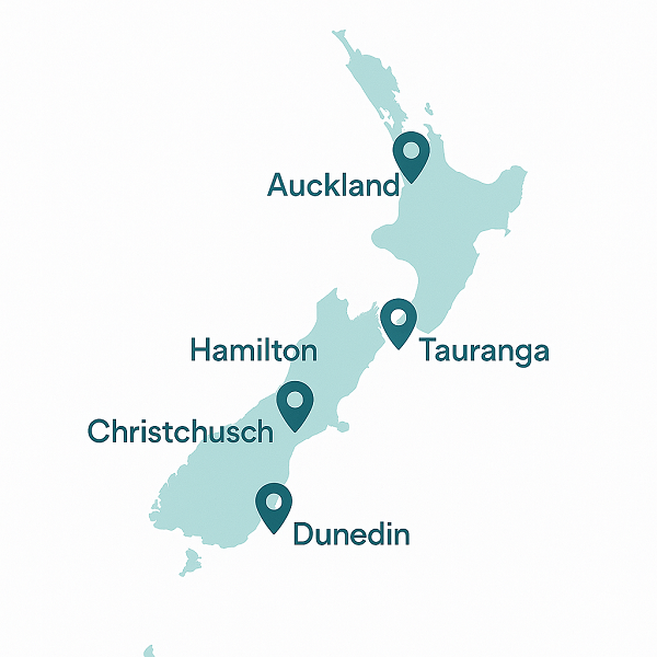 NZ map flat style with pins on Auckland, Wellington, Christchurch, Hamilton, Tauranga, Dunedin; light blue map on white canvas.