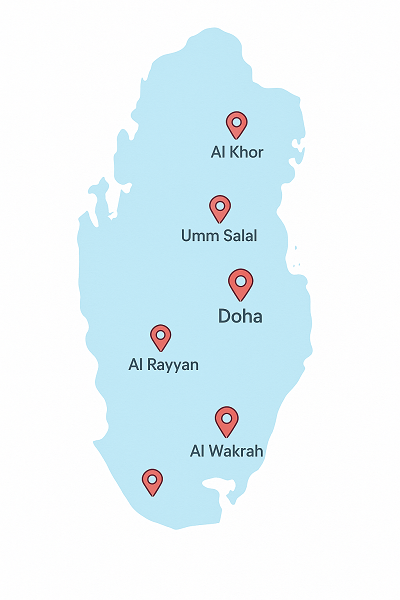 Qatar map with pins on Doha Al Rayyan Lusail Al Wakrah Al Khor Umm Salal