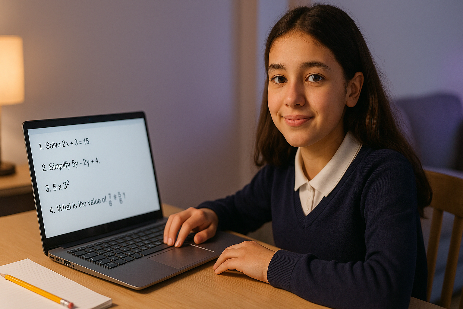 UK secondary student (Year 7–9) learning maths online at home on a laptop