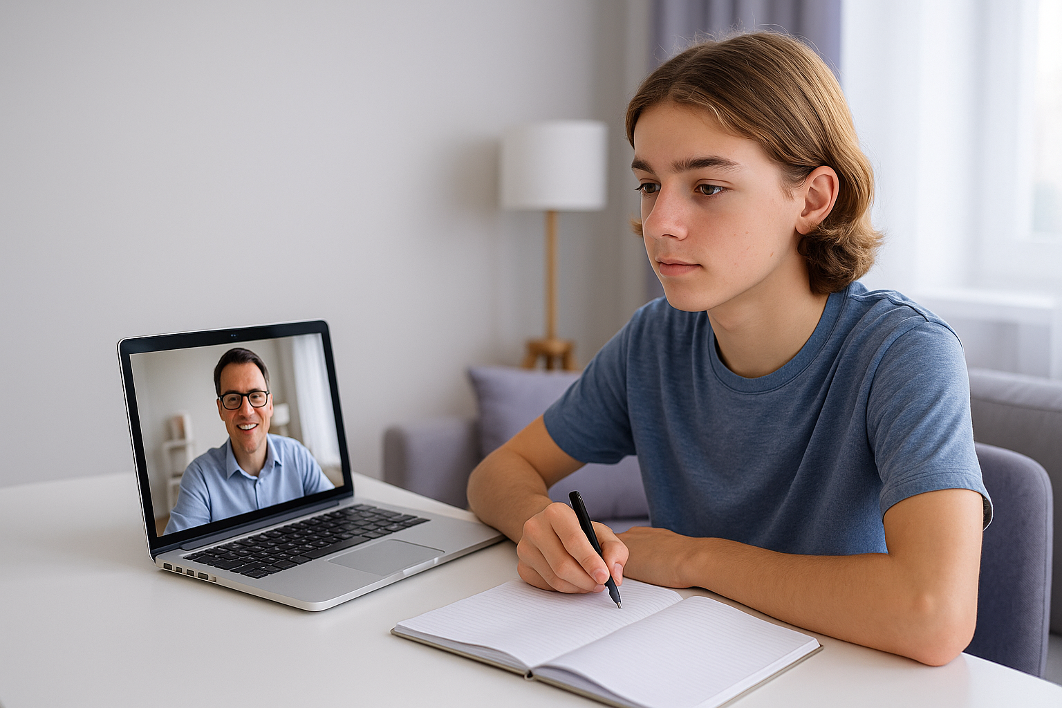 UK GCSE student learning English online with a tutor on a laptop.