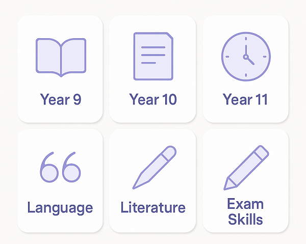 GCSE English topics including reading skills, writing techniques and exam skills for Years 9 to 11.