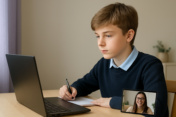 KS3 English student in the UK studying online with tutor on laptop