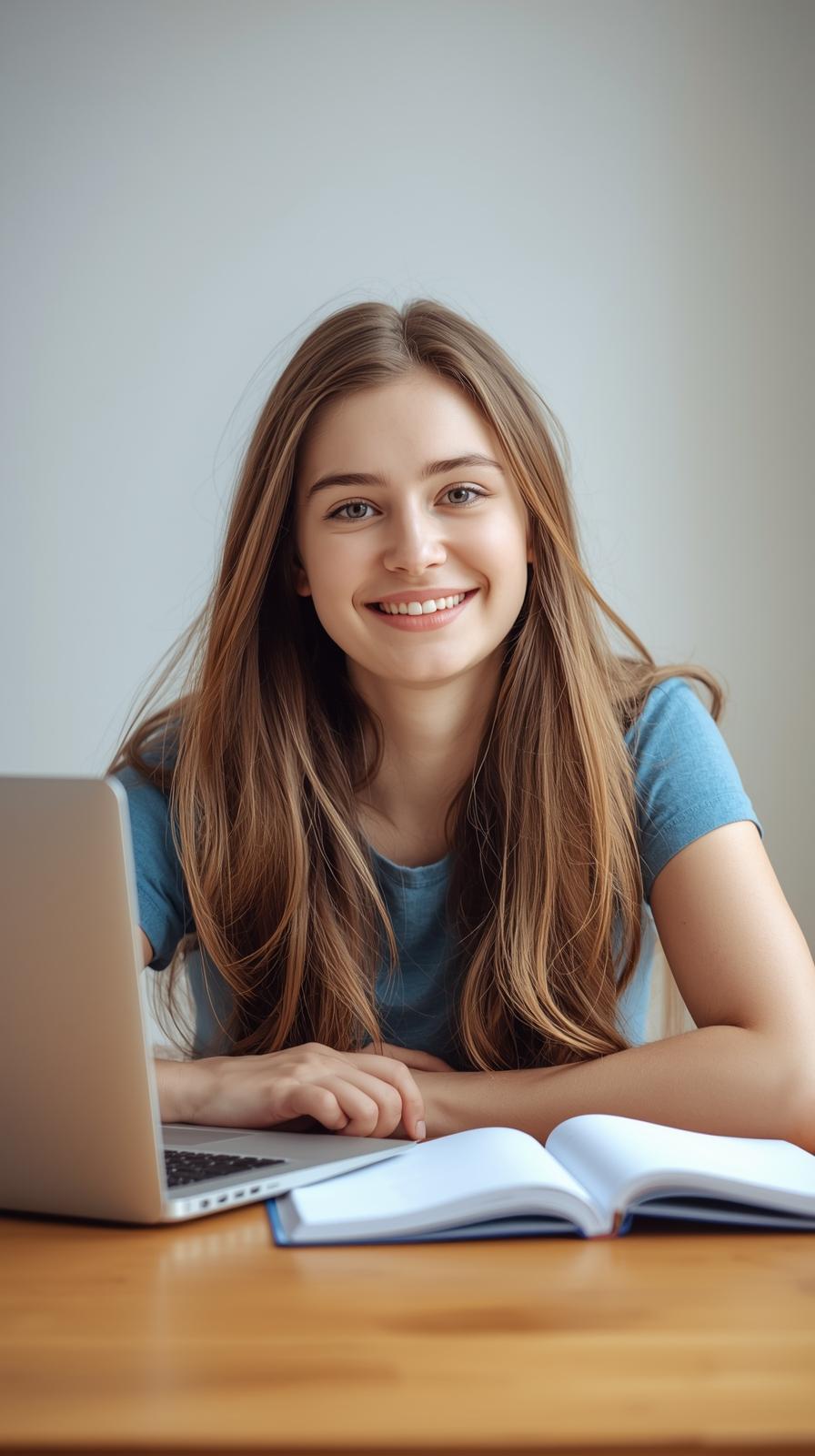 Photo-real UK student smiling with closed laptop; maths exercise book on table; empty side space for overlay; 1920×900.