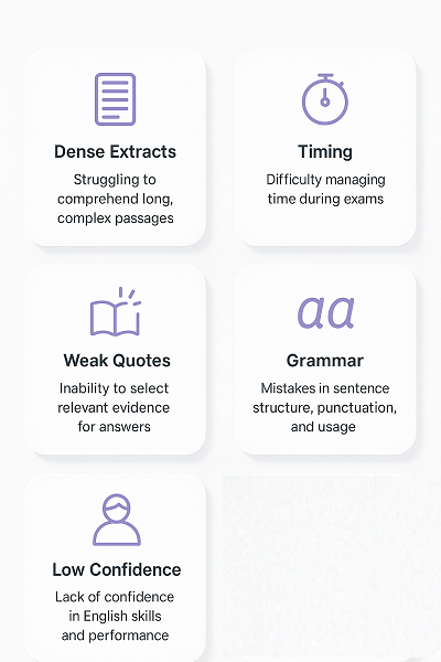 Typical GCSE English challenges for UK students such as long reading texts and exam stress.