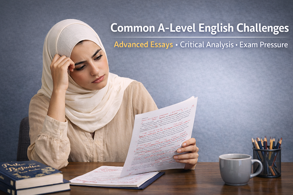 common-a-level-english-challenges-uae-student-reviewing-marked-essay-critical-analysis-exam-pressure