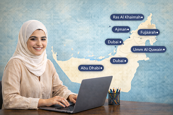 online-a-level-english-tutoring-across-uae-student-studying-with-laptop-uae-map-all-cities-covered