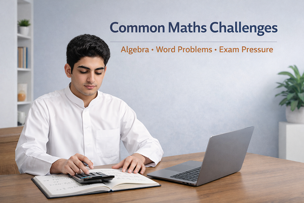 common-maths-challenges-kuwait-student-solving-algebra-online-with-laptop-and-calculator